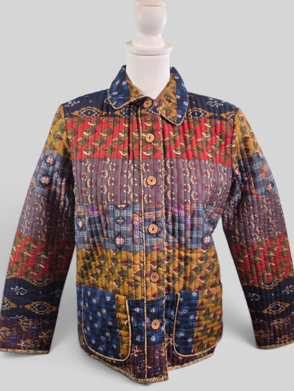 NWT Young Threads Patchwork Quilted Collar Jacket Small Boho Block Print Multi